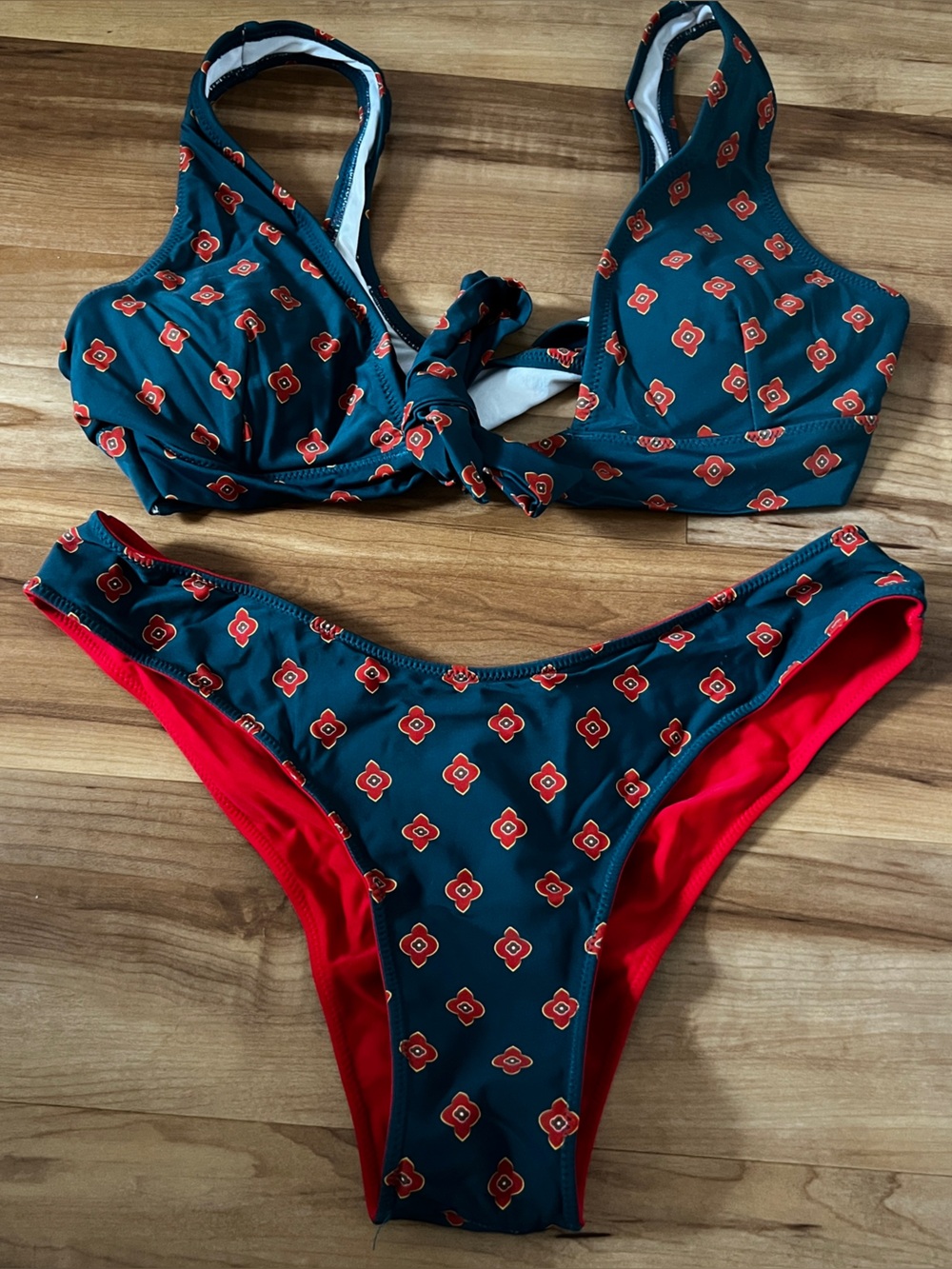 Cupshe Reversible Two-Piece Floral Print Bikini Set in Teal and Red
